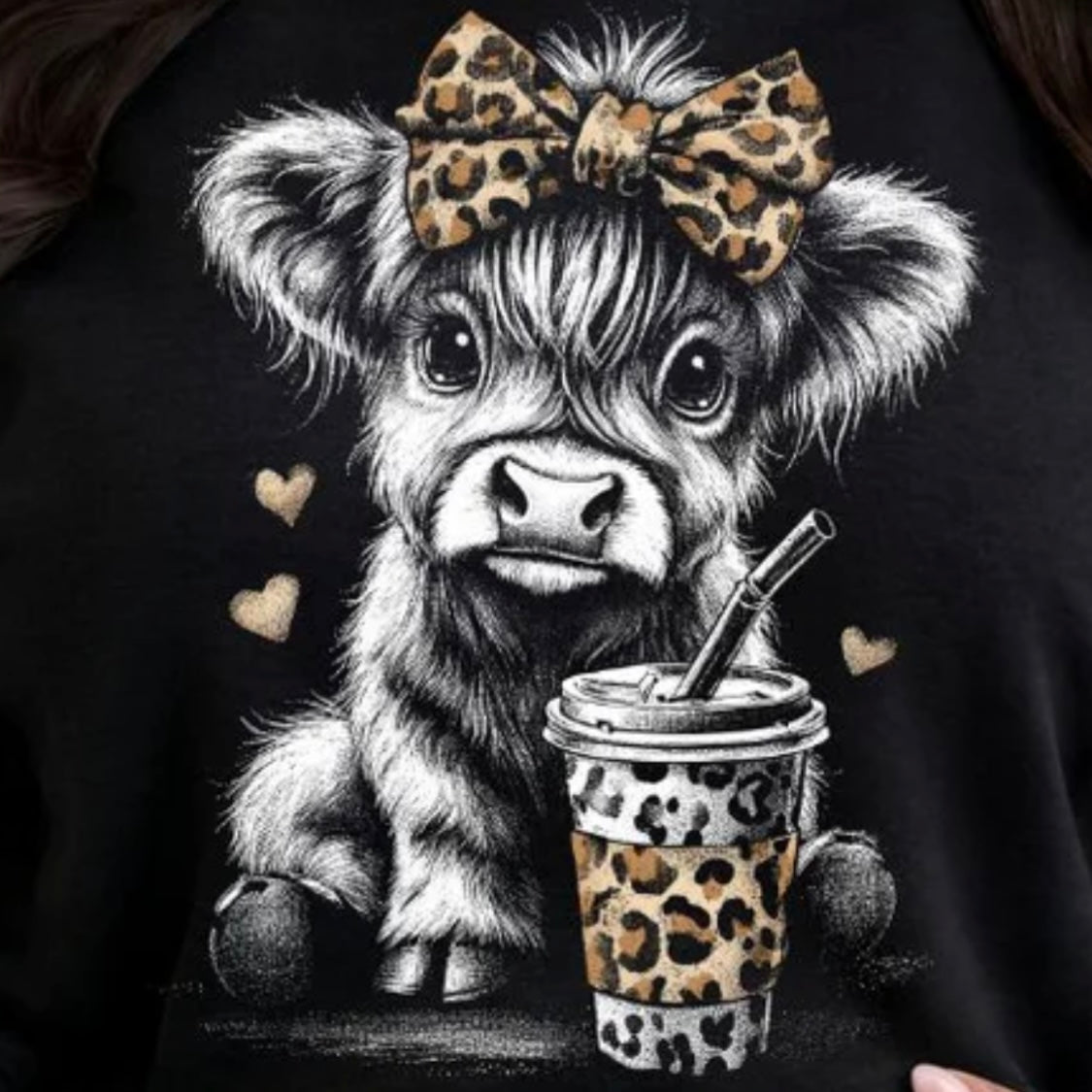 White Coffee Highland Cow - Full Color Glitter Clear Film Screen Print RTS