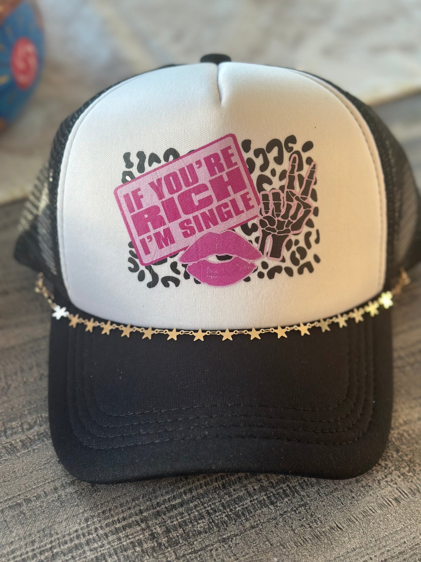 If You're Rich, I'm Single - Snapback Foam Trucker Hat - Pink/White & Black/White