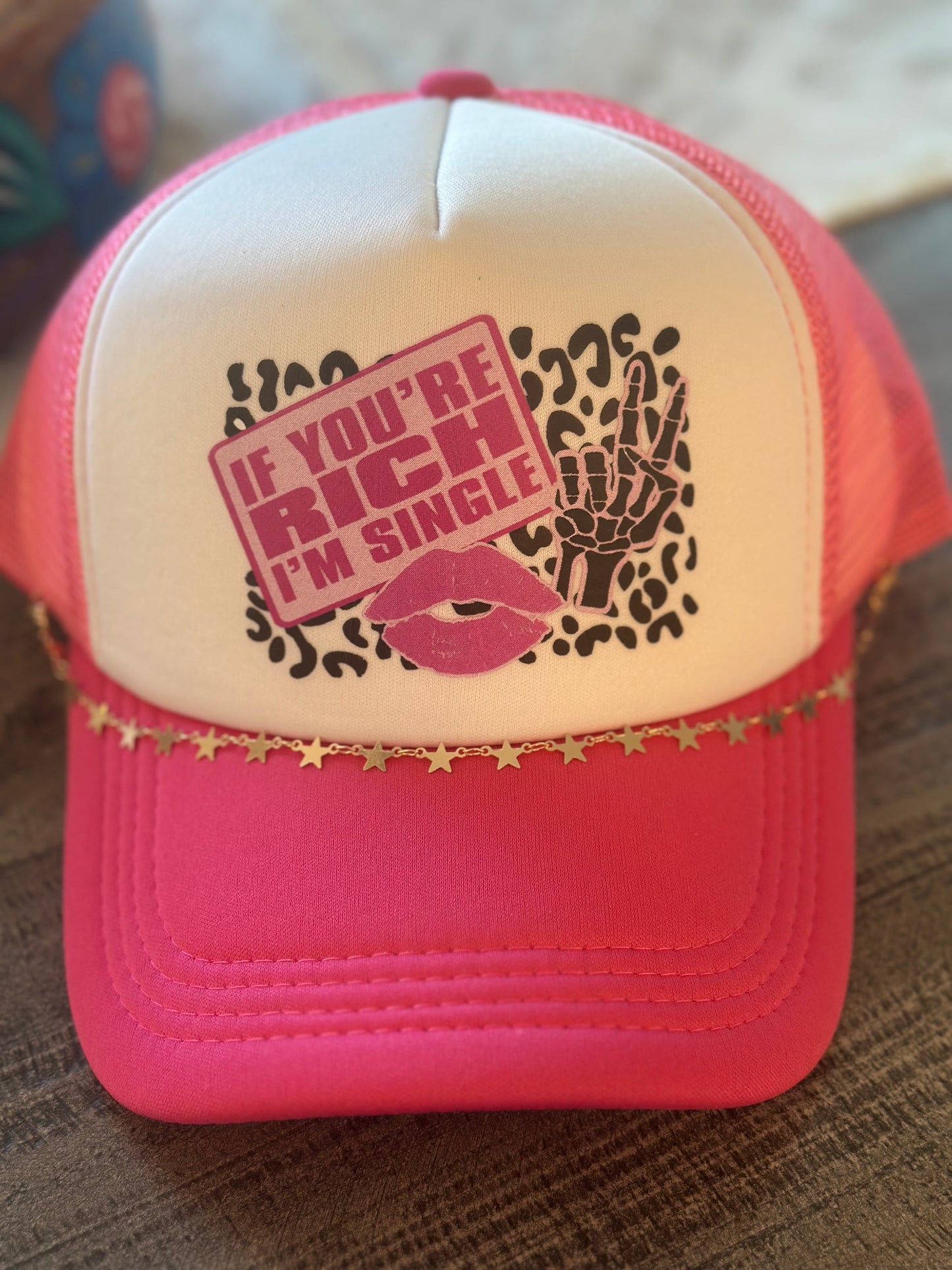 If You're Rich, I'm Single - Snapback Foam Trucker Hat - Pink/White & Black/White
