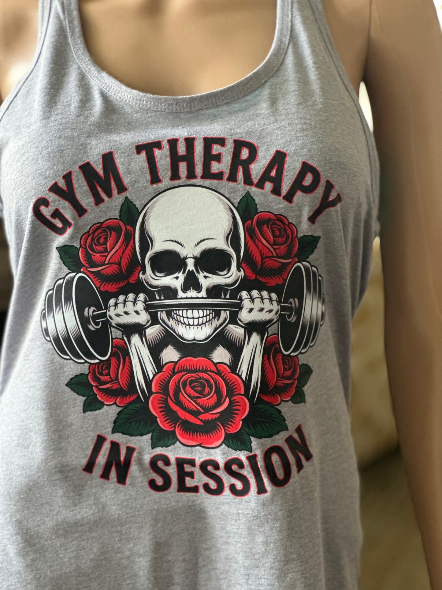 Tank Top - Gym Therapy In Session, Skull and Roses