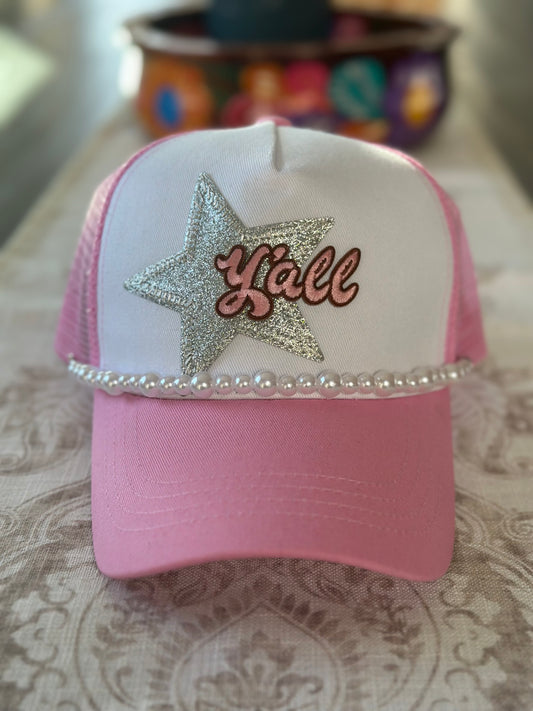 Y'all - Snapback Trucker Hat - Pink/White