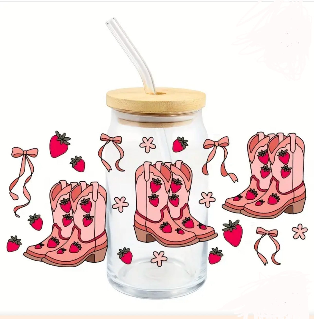 Libbey Glass Can - Pink Cowboy Boots with Strawberries and Pink Ribbons