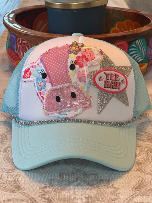 Yee Haw Cow Snapback Foam Trucker Hat - Light Blue/White